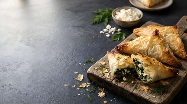 Food Background Freshness Nutrition Concept Spanakopita Pastry with Feta Cheese and Dill on a Rustic Wooden Cutting