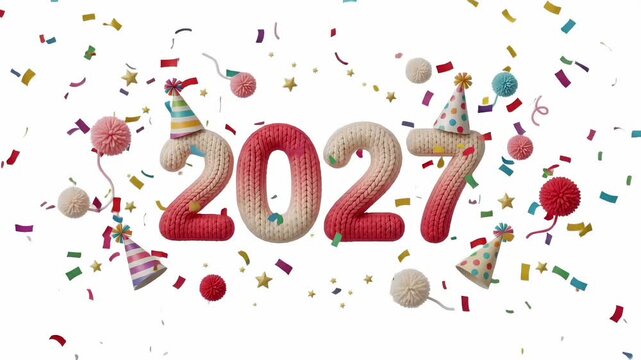 2027 year knitted text celebration loop with party hats and confetti 3d render background
