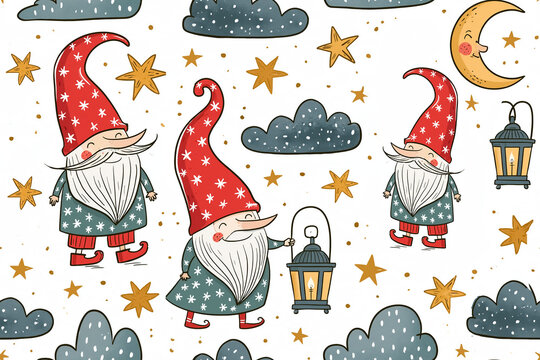 Cute cartoon gnome with vintage lantern, moon and stars, seamless pattern night