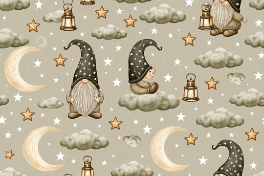 Cute  funny cartoon gnome with vintage lantern, moon and stars, seamless pattern