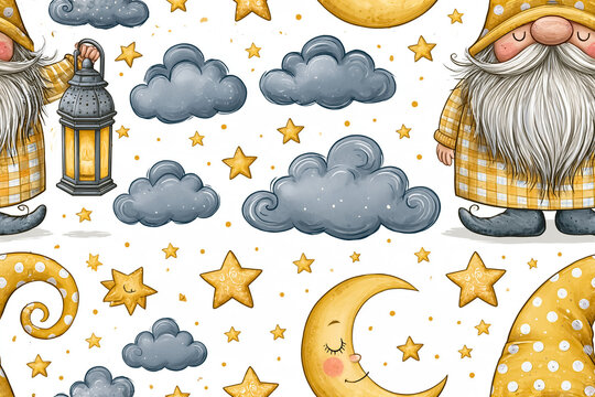 Cute cartoon gnome with vintage lantern, moon and stars, seamless pattern