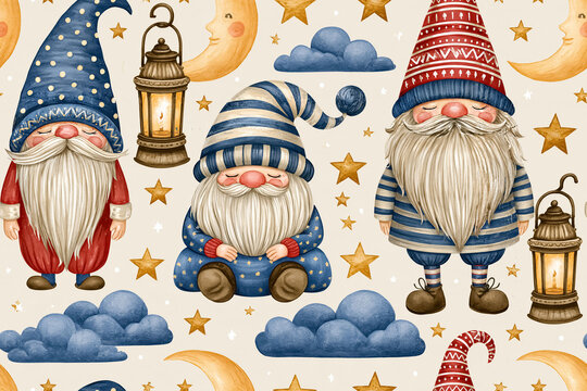 fantasy cartoon gnome with vintage lantern, moon and stars, seamless pattern