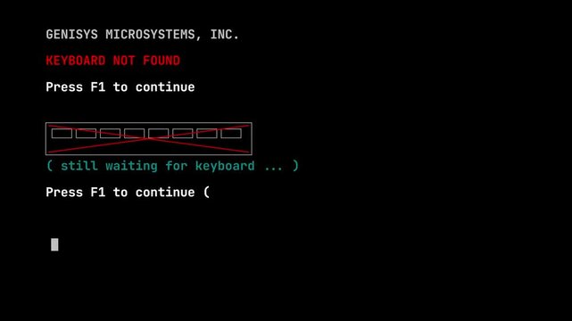 Funny Keyboard Not Found Error Message on Vintage Computer BIOS Screen Requesting F1 Key to Continue