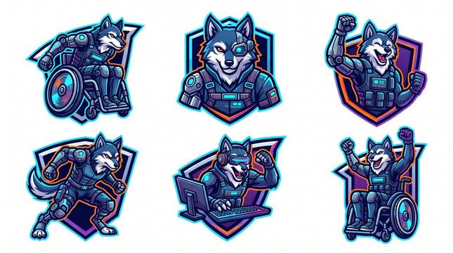 Cyberpunk wolf mascot logo collection featuring esports emblems and futuristic gaming themes