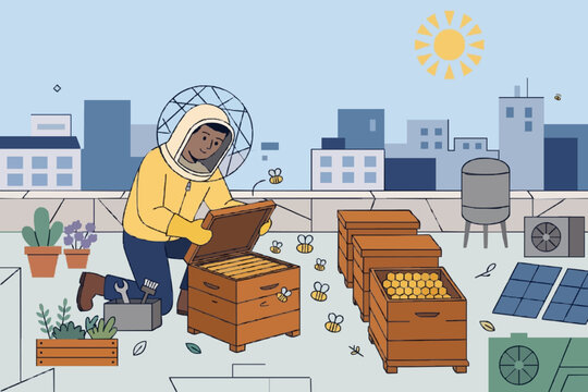 Urban beekeeper checking beehive on rooftop, hobby beekeeping vector illustration
