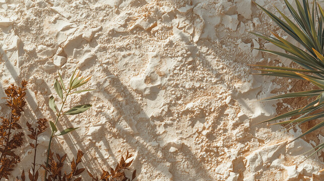 Rustic wabi-sabi background concept with dry autumn flowers and branches against textured limestone wall in warm sunlight