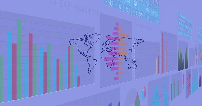 Displaying world map overlay tying panels on data dashboard with bar line pie charts and tickers