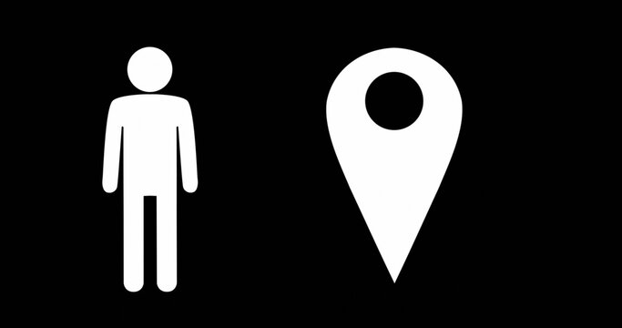 Displaying white human pictogram and location pin aligned center on black canvas, showing symbols