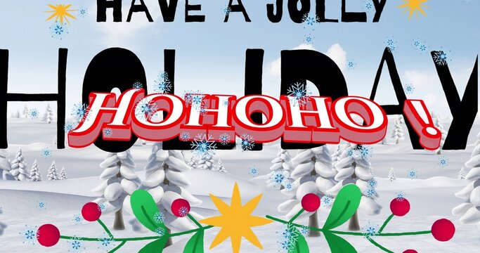 Displaying bold red HOHOHO! wordmark over black HOLIDAY type in outdoor winter scene, with holly
