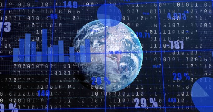 Rotating Earth globe showing data overlays in analytics dashboard, with binary stream and bar chart