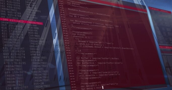 Displaying red-tinted code editor centered on screens at desk, showing REDACTED terminal markers