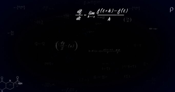 Showing centered white derivative formula on dark chalkboard, with faint equations, NH2 and rho