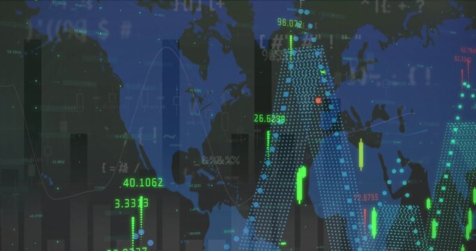 Displaying global map overlaying candlesticks and dotted columns on dashboard with neon labels