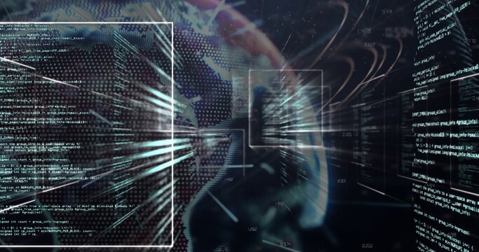 Displaying central globe and head profile merging at digital HUD, showing code columns and streaks