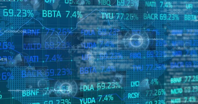 Displaying blue financial overlay on trading dashboard, with tickers, % readouts, line charts