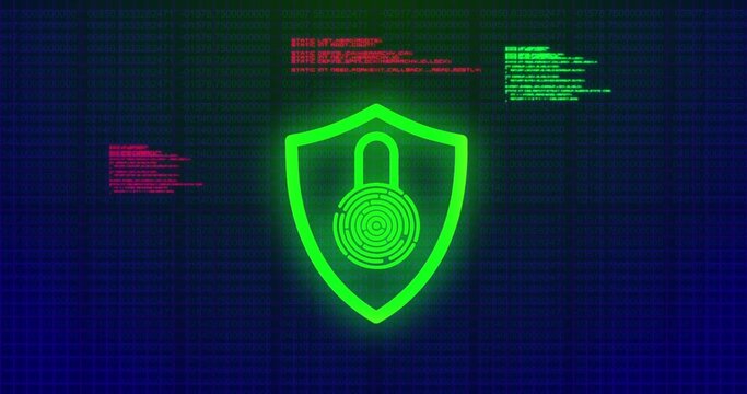 Displaying neon green shield pulsing on blue grid, showing padlock fingerprint and red green code