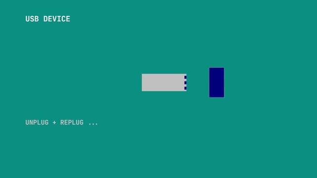 Vintage PC Hardware Connection Interface Animation Depicting USB Device Recognition and Troubleshooting on Green Background