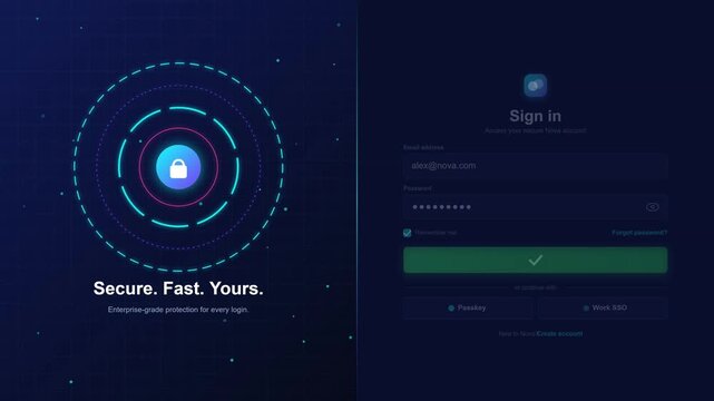 Cinematic split screen footage showcasing dark neon login user interface with secure encryption padlock symbol, fast authentication process, and modern web security