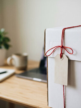White cardboard box with blank tag and red string on desk with laptop and copy space for text