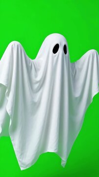 Slow push-in shot of a floating white sheet ghost drifting side to side with arms raised, billowing fabric flowing smoothly on uniform vivid green background