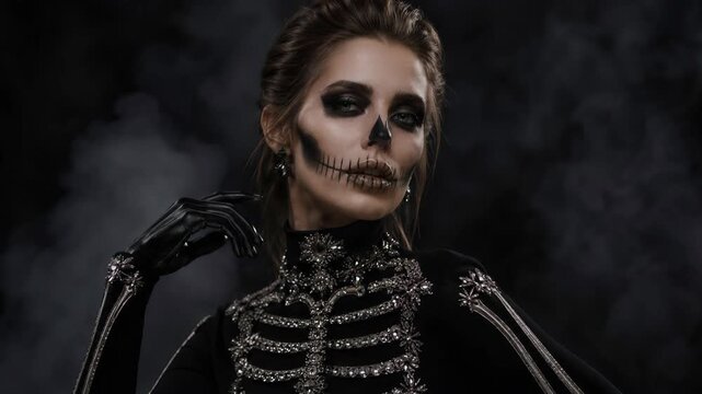 Woman in jeweled skeleton costume poses with skull makeup. Halloween fashion and costume portrait. Spooky makeup, masquerade and festive party style.