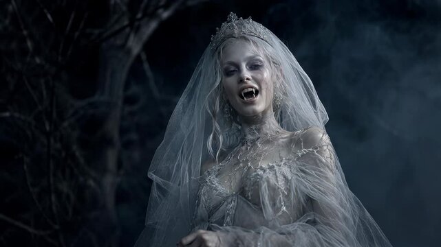Gothic bride transforms into vampire with fangs in eerie forest. Halloween fashion, horror costume. Supernatural character portrait. Dark fantasy and haunted wedding concept.