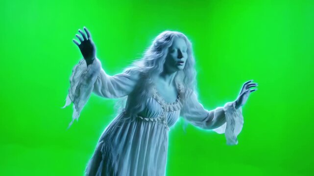 Gentle tilt shot captures translucent ghost hovering forward waving arms slowly, costume rippling in air, centered on vivid green chroma key backdrop isolation