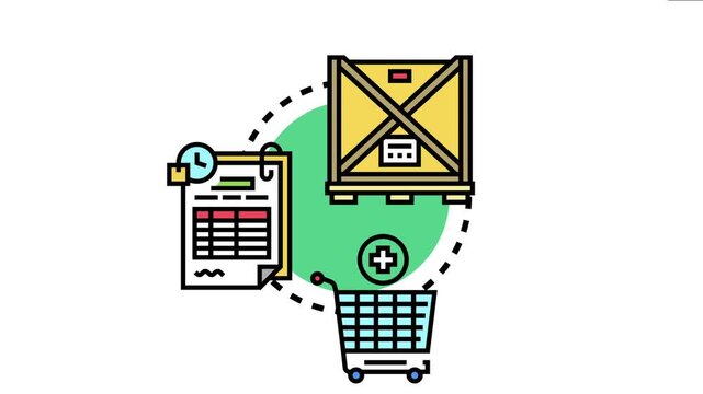 Product overstock management surplus goods, inventory control, and supply chain issues with a document, shopping cart, and large shipping container