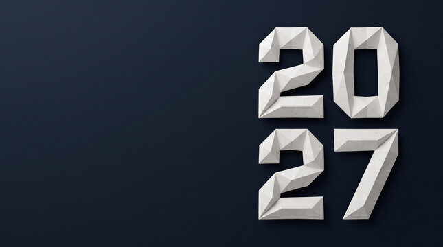 Bold white beveled 2027 block numbers on dark navy perfect for modern corporate new year presentations and title designs
