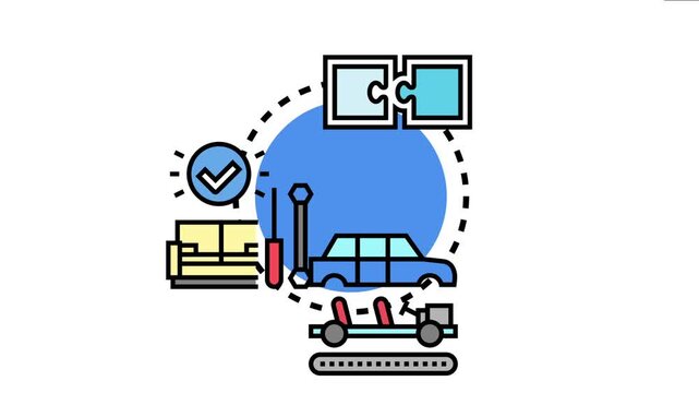 Product parts disassembly and reassembly process concept, maintenance, repair, and modular design with various components, tools, and a completion checkmark