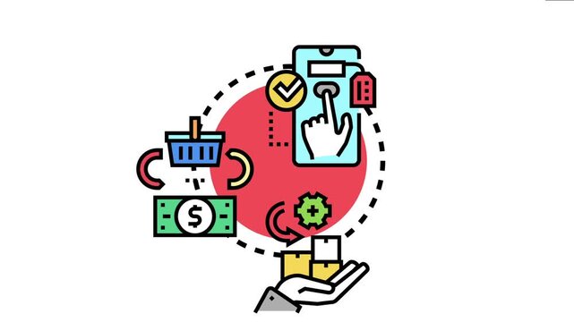 Product picking process online order fulfillment, featuring a hand selecting items on a smartphone, a shopping basket, money, and boxes for delivery