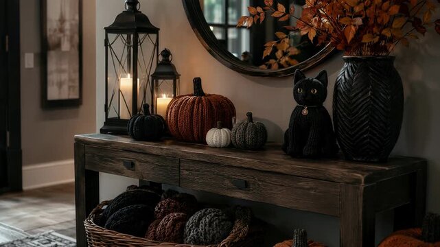 Knitted pumpkins and black cat in a cozy Halloween entryway. Cute handmade autumn decor. Seasonal home styling. Rustic console table display.