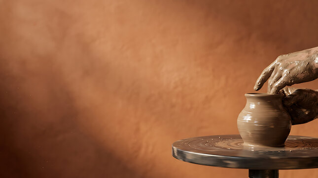 Close-up of hands skillfully shaping a clay pot on a spinning potter's wheel with a textured brown background