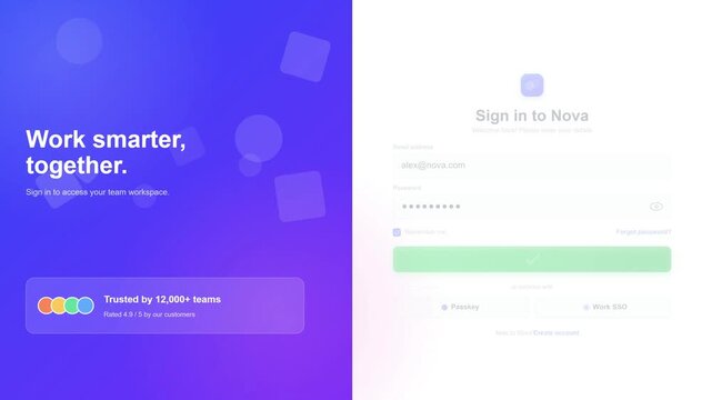 Modern SaaS split screen user interface login page web design concept 4K video footage showcasing secure cloud application authentication and team software workspace.