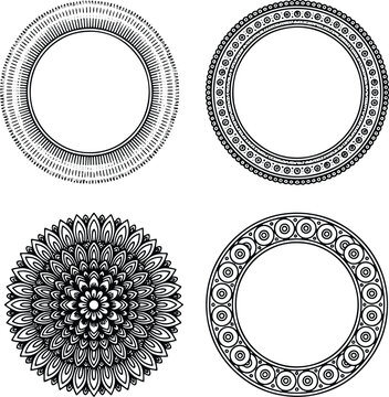 Mandala, circular frames, and decorative geometric borders in black and white line style