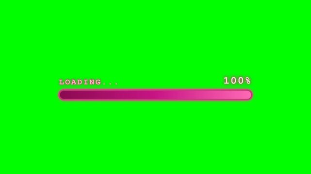 Minimalist professional 4K dynamic loading animation featuring a glowing pink loading bar, 'LOADING...' text, and a 0-100% indicator over a pure green screen. Container is always visible, only the loa