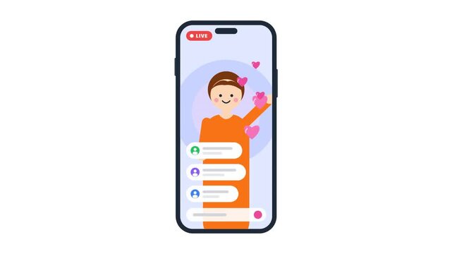 Woman live streaming on social media app with hearts and chat bubbles