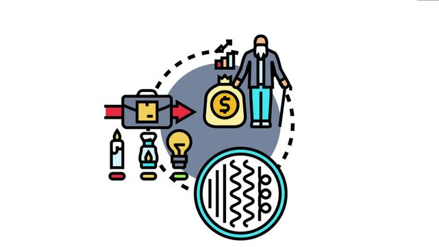 Product retirement involving an old person, money, declining sales charts, briefcase with arrow, light sources representing ideas, and an abstract representation of product lifecycle stages