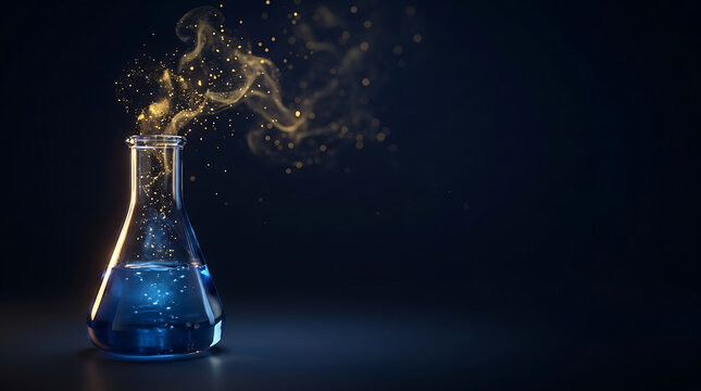 Mystical Glowing Blue Potion in an Erlenmeyer Flask with Golden Sparkling Magic Smoke and Particles on Dark Background
