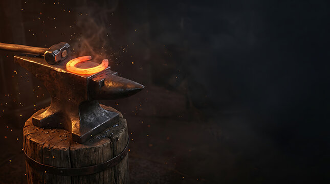 Glowing Hot Horseshoe on Anvil with Blacksmith Hammer in Dark Workshop Setting for Traditional Metalwork and Craftsmanship