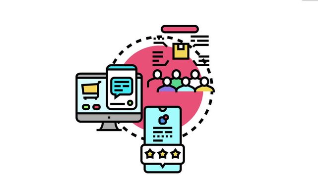 People interacting with online shopping and customer service interfaces, showing digital commerce, delivery, and a five star feedback system