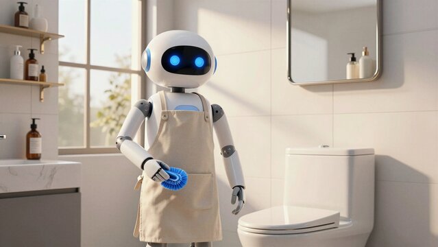 A futuristic robot wearing an apron holds a brush near a clean white toilet in a bright, minimalist bathroom with natural light.