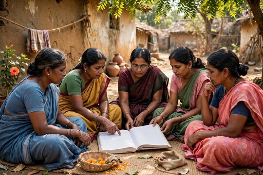 Rural Indian women self-help group sitting in a village courtyard reviewing a ledger book together for cooperative microfinance
