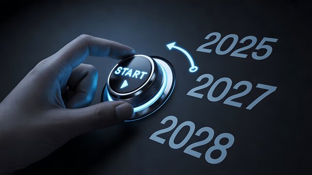 Digital start button with year options 2025 2027 and 2028 for planning and new beginnings