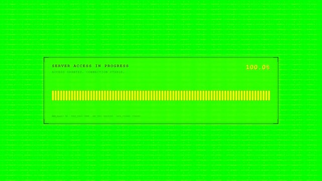 Professional 4K animation of a yellow and green server access progress bar with a background of computer code over a pure green screen. Clean design with absolutely no black colors.