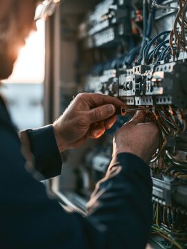 Professional male electrician using a screwdriver tool to carefully adjust and repair complex wiring inside a detailed electrical panel during a technical maintenance service project in a workshop