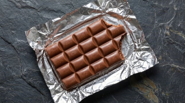 Delicious bitten milk chocolate bar unwrapped on silver aluminum foil over a dark textured slate stone background, perfect for sweet dessert snacks and gourmet cocoa confectionery concepts.