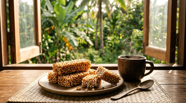 Traditional puffed rice snack bars served with hot coffee beside an open tropical kitchen window