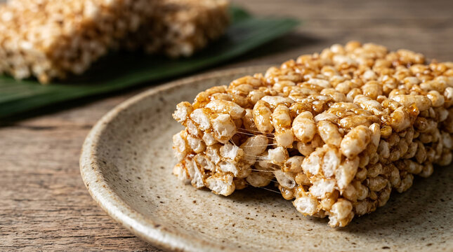 Close-up of crunchy caramelized puffed rice bar showing crisp airy texture