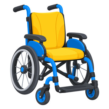Colorful Modern Pediatric Wheelchair with Yellow Seat and Blue Frame Isolated on White